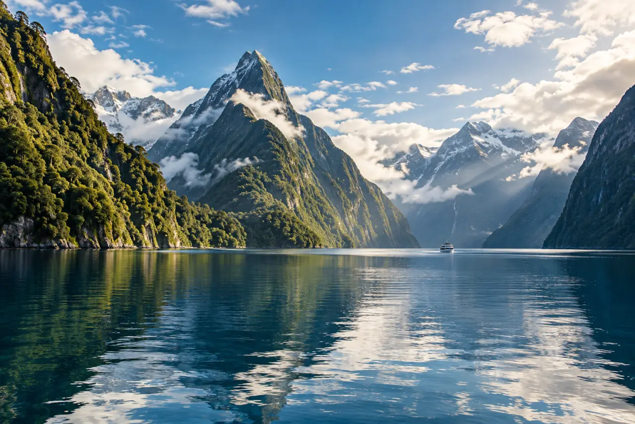 AI-generated view of Mitre Peak above the water at Milford Sound, New Zealand