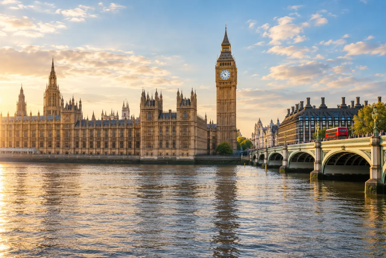 AI-generated view of Elizabeth Tower, Westminster Bridge and the River Thames in London